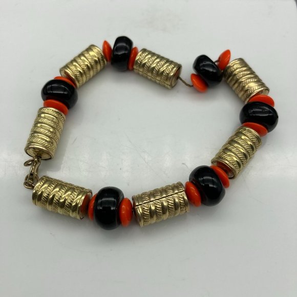 Vintage Germany Beaded Bracelet on Rolled Gold Chain, Retro Flair with Embossed - Picture 2 of 6